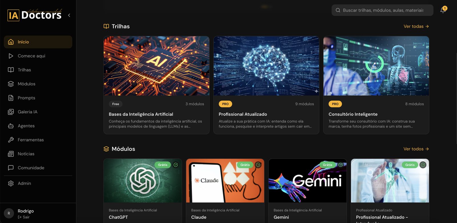 Painel com as trilhas Bases da Inteligência Artificial, Profissional Atualizado e Consultório Inteligente