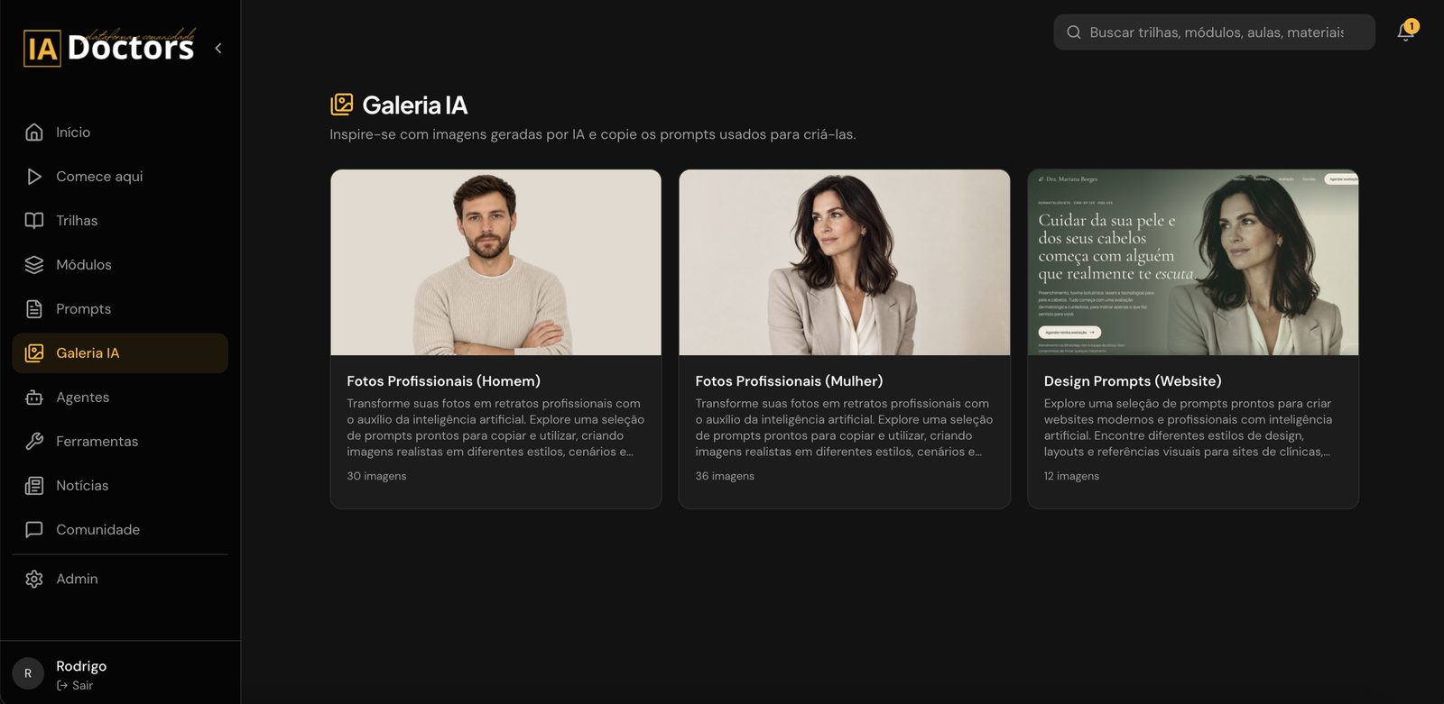 Galeria IA com coleções de fotos profissionais e prompts de design de websites