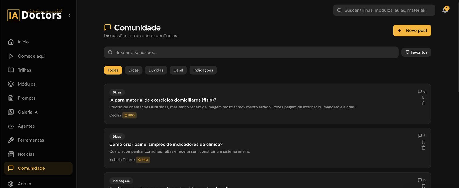 Comunidade com discussões entre profissionais de saúde