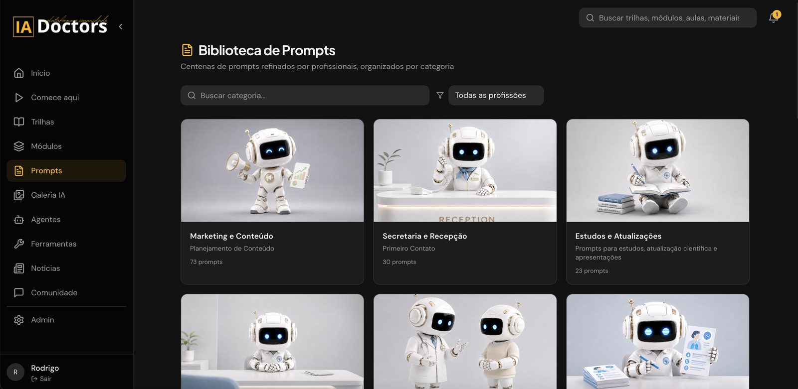 Biblioteca de Prompts com filtro por profissão e categorias Marketing e Conteúdo, Secretaria e Recepção, Estudos e Atualizações